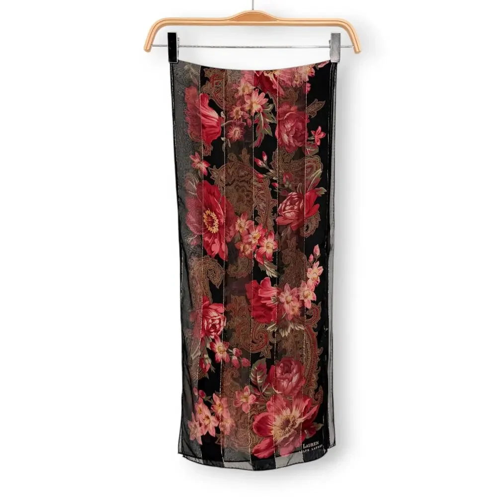 VINTAGE Ralph Lauren Silk Sheer Black w/ Red Floral & Gold Thread 54 X 11